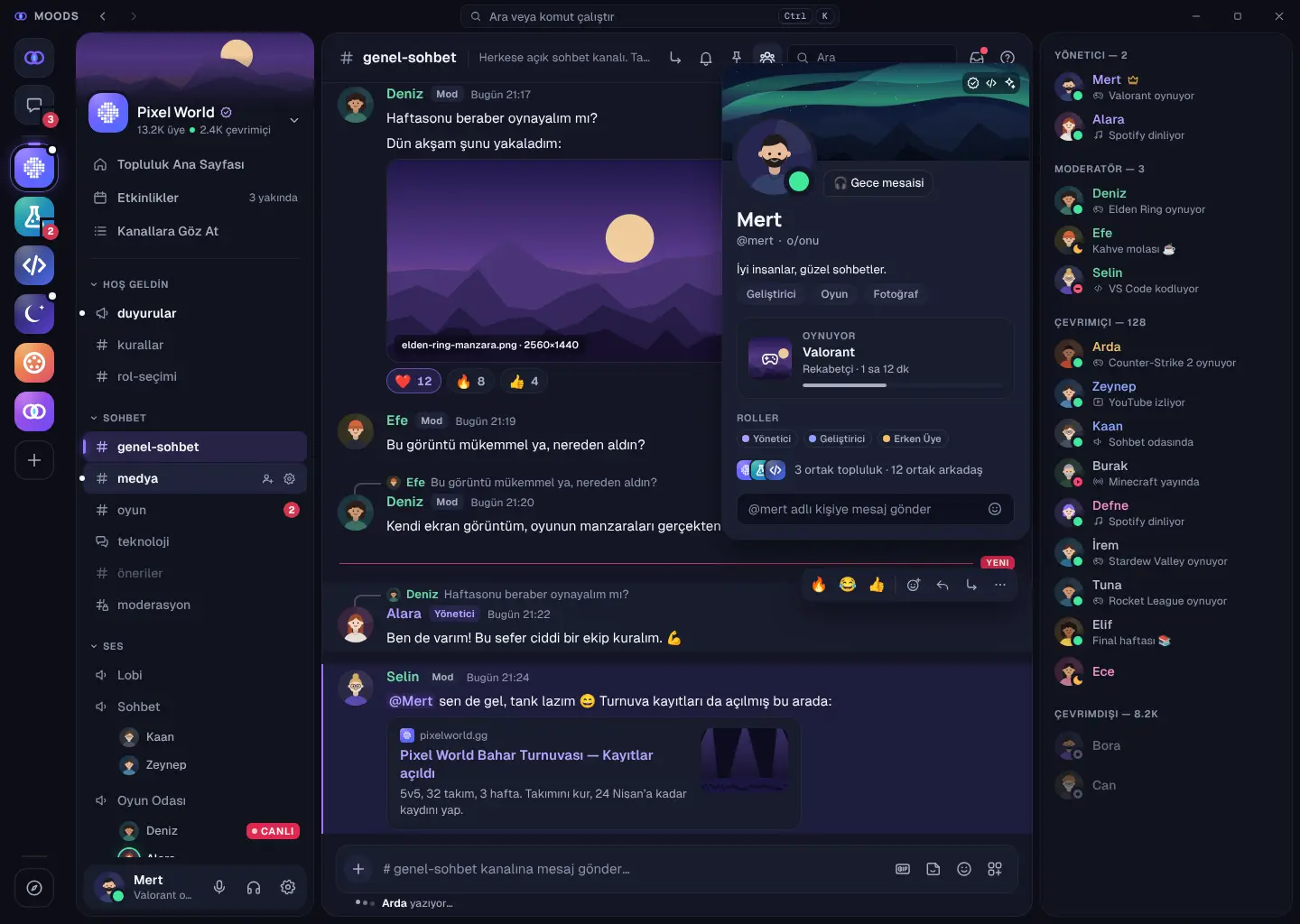 Pixel World’ün #genel-sohbet kanalı: mesajlar, görsel paylaşımı, tepkiler, yanıtlar ve Mert’in profil kartı.